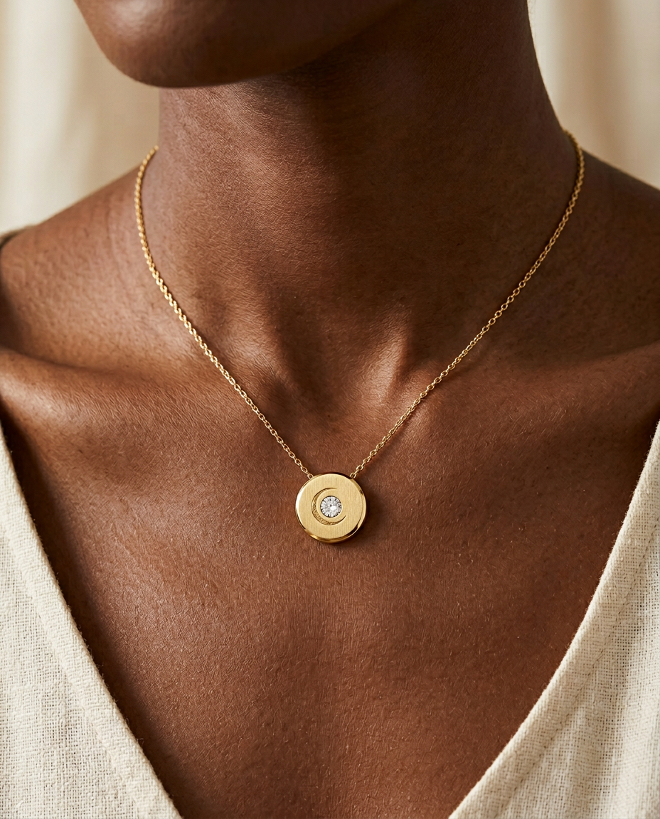 Lunar Necklace worn close to the heart in solid 14K yellow gold — brushed medallion with engraved crescent moon and lab-grown diamond