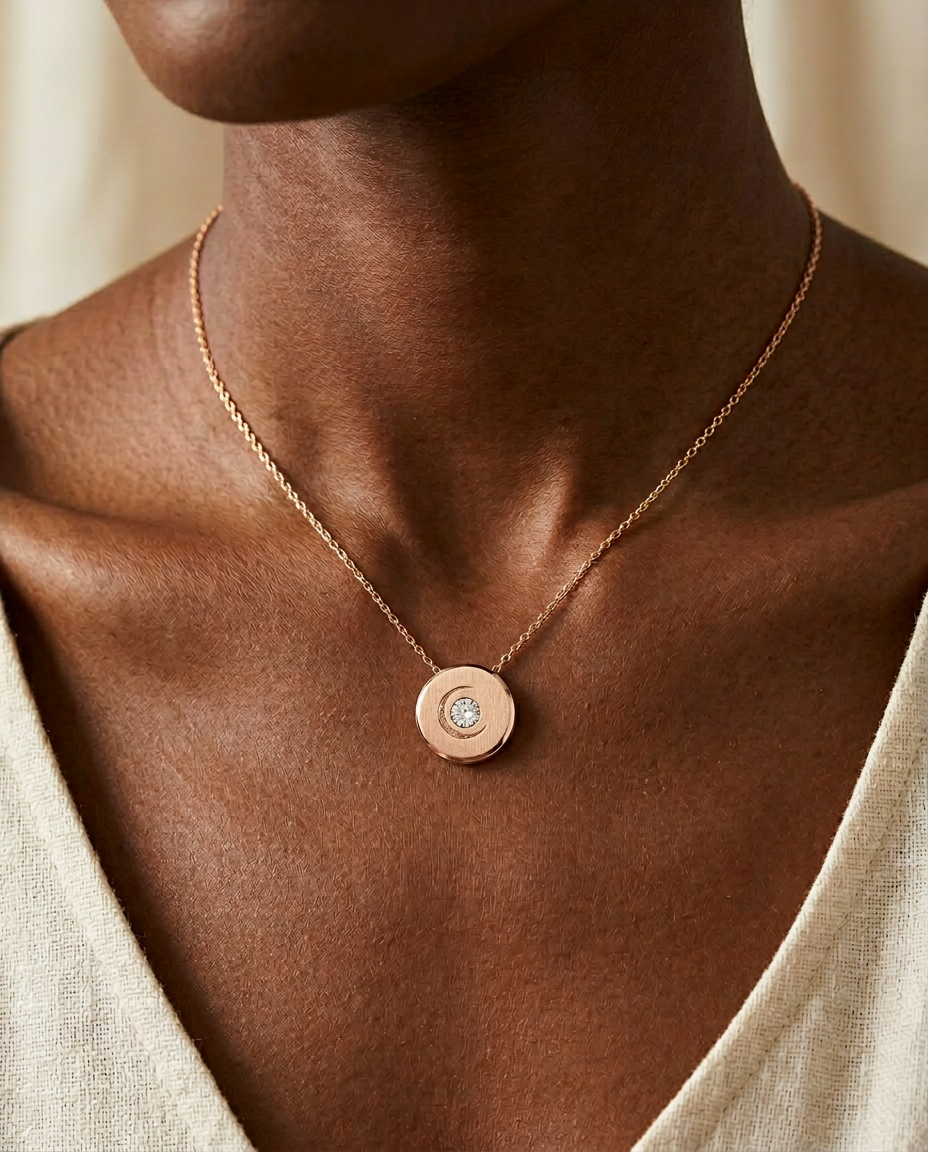 Lunar Necklace worn close to the heart in solid 14K rose gold — brushed medallion with engraved crescent moon and lab-grown diamond