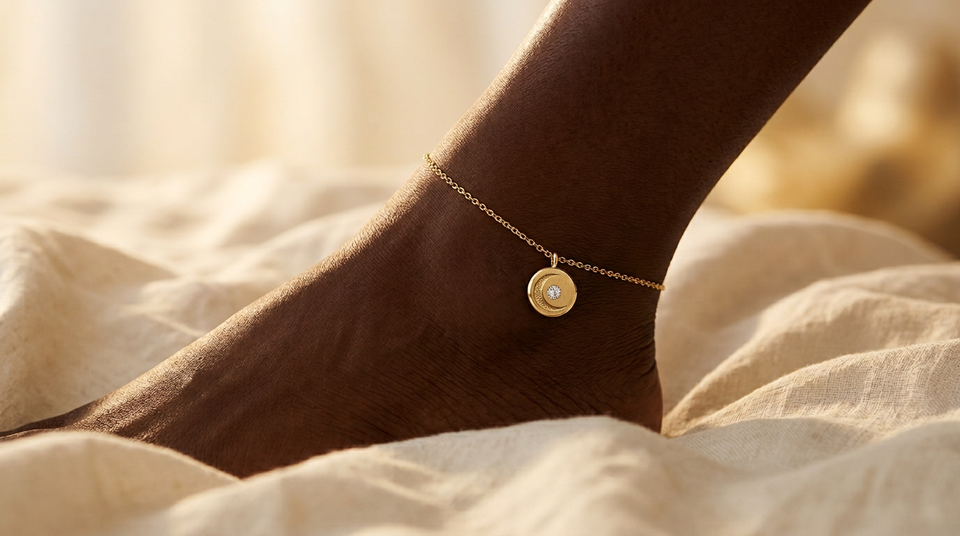 Lunar Anklet on a Black woman's ankle in golden hour light, delicate 14K yellow gold cable chain with miniature medallion