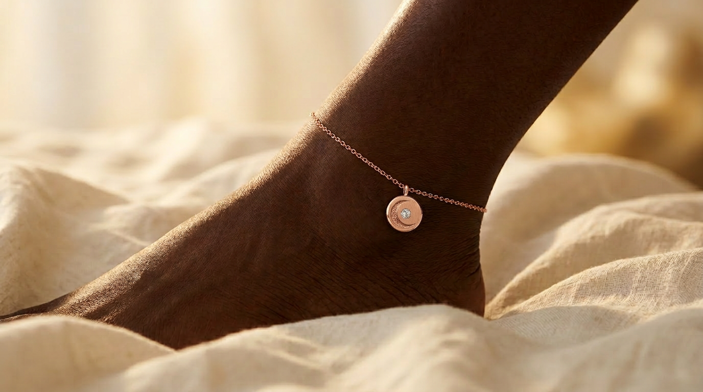 Lunar Anklet on a Black woman's ankle in golden hour light, delicate 14K rose gold cable chain with miniature medallion