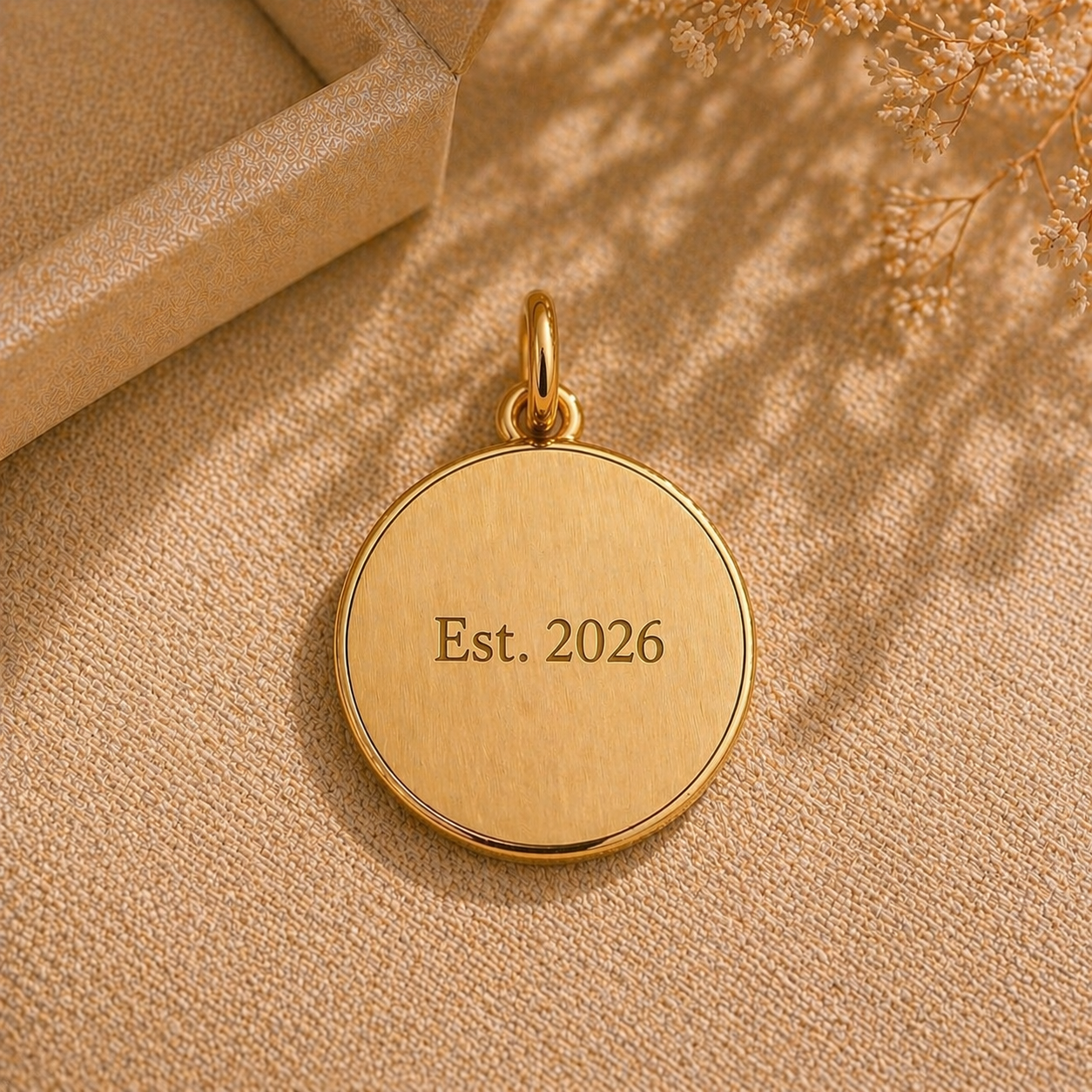 Moon & Co. Founder's Charm reverse in 14K yellow gold — high-polish disc engraved with 'Est. 2026'