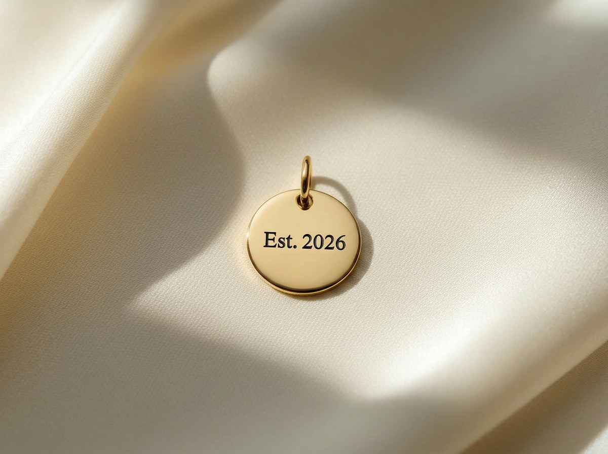Moon & Co. Founder's Charm reverse in 14K yellow gold — high-polish disc engraved with 'Est. 2026' on a pale Carrara marble surface