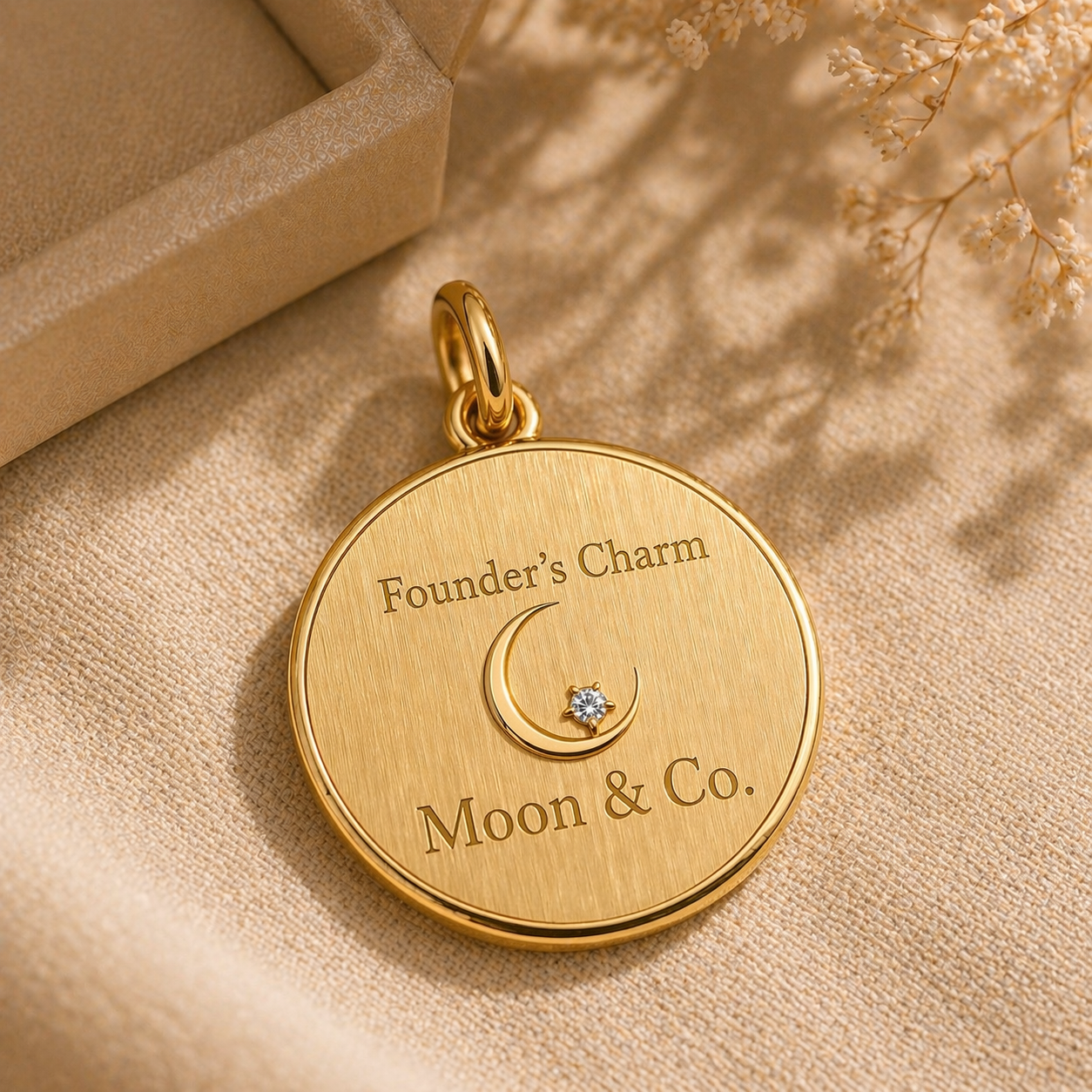 Moon & Co. Founder's Charm presented in a navy lacquered box on a soft cream cushion, embossed with 'Moon & Co.' — 14K yellow gold