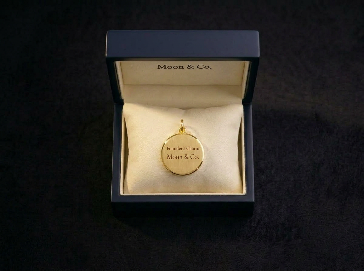 Moon & Co. Founder's Charm front view in 14K yellow gold — engraved with 'Founder's Charm' and 'Moon & Co.' resting on an ivory silk cushion inside a navy lacquered presentation box