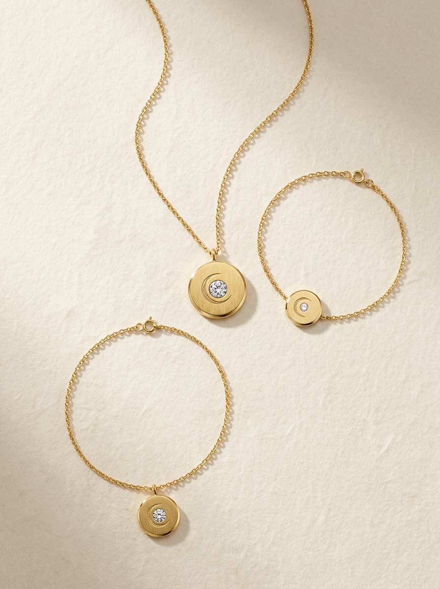 The Lunar Set in solid 14K yellow gold — necklace, bracelet, and anklet with the brushed Lunar Medallion charm and round brilliant lab-grown diamond