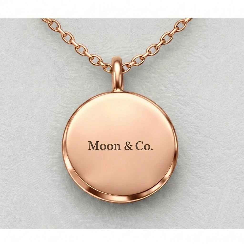 Lunar Medallion prototype, reverse side in 14K rose gold with discreet Moon & Co. engraving and high-polish finish
