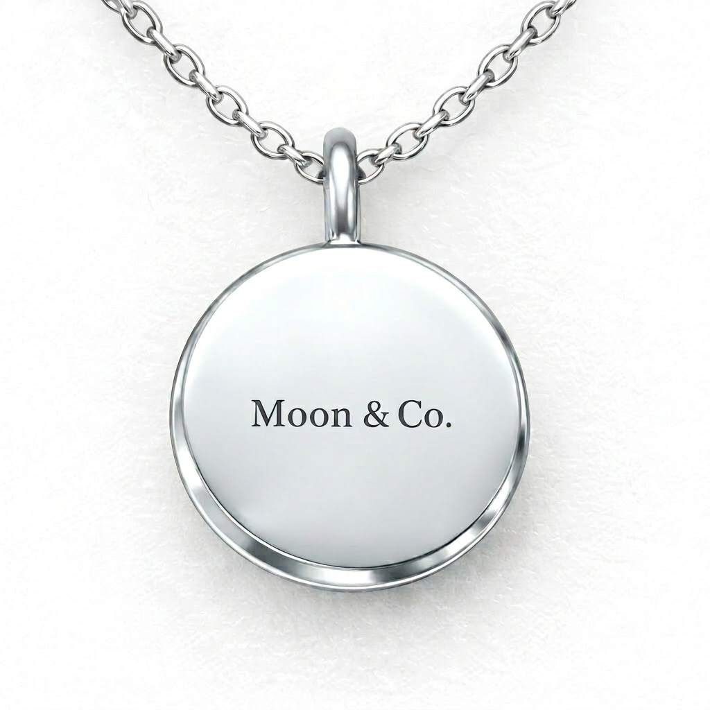 Lunar Medallion prototype, reverse side in 14K white gold with discreet Moon & Co. engraving and high-polish finish