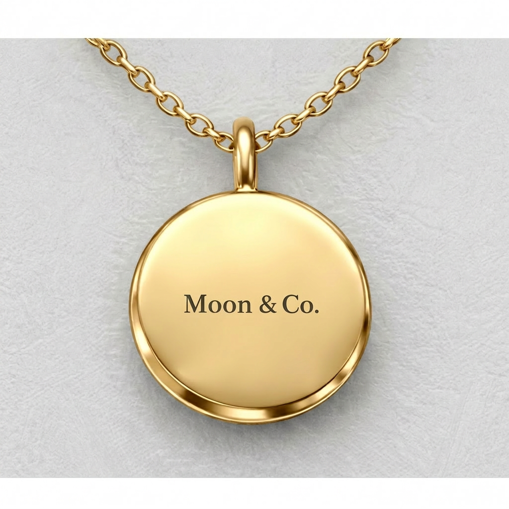 Lunar Medallion prototype, reverse side in 14K yellow gold with discreet Moon & Co. engraving and high-polish finish